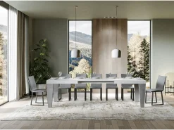Mesa extensible blanca y patas gris hormigón de 6 a 20 plazas Kristo de 160 a 420 cm-Base y soporte con ruedas
