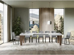 Mesa extensible blanca y patas de madera de nogal para 6 a 12 personas Kristo L 180 a 284 cm-Base y soporte con ruedas