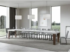 Mesa extensible blanca y patas de madera de nogal de 6 a 20 plazas Kristo de 180 a 440 cm-Soporte 4 pies