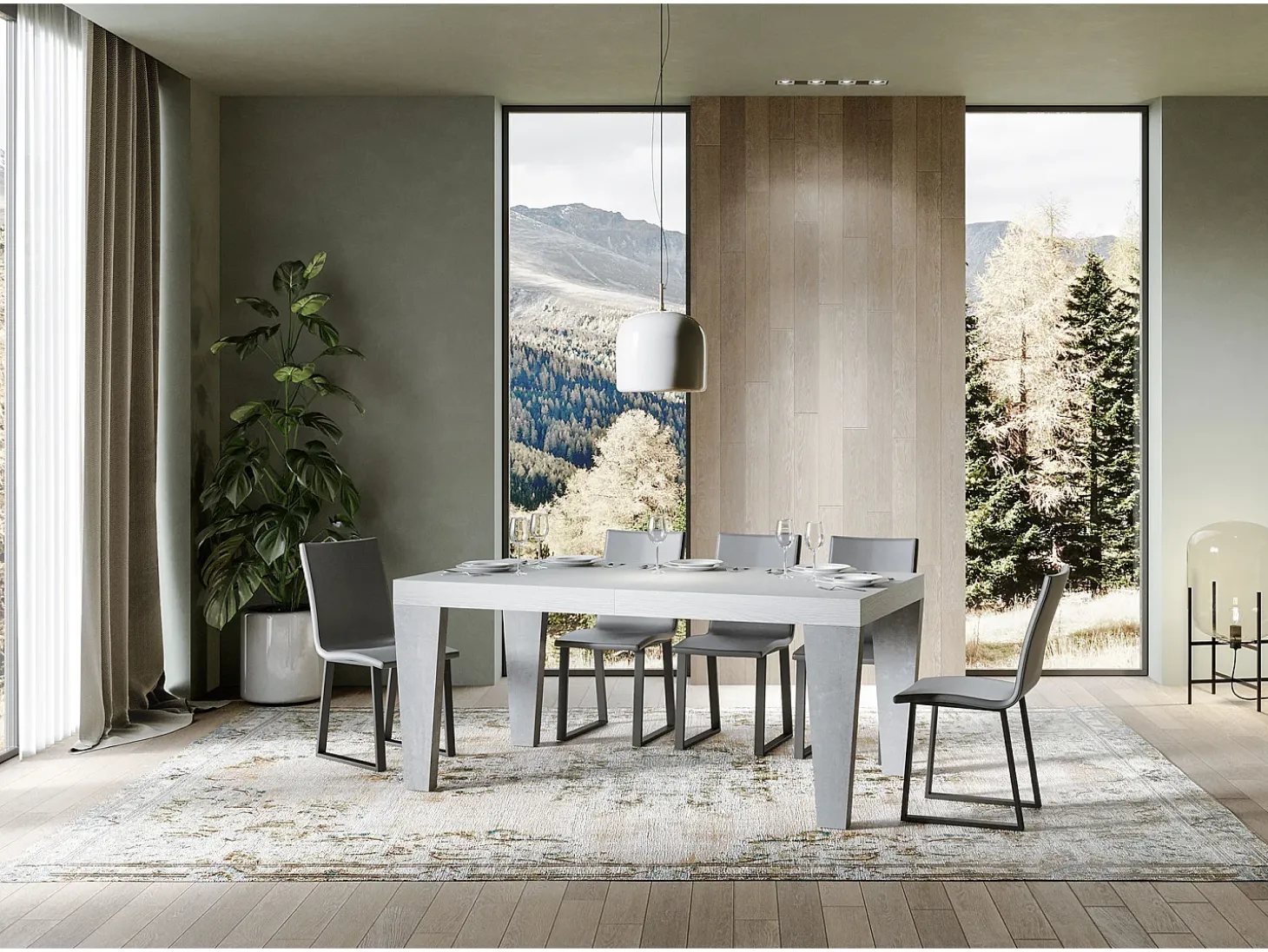 Mesa extensible blanca y patas de madera gris hormigón de 6 a 20 plazas Kristo de 180 a 440 cm-Soporte 2 pies