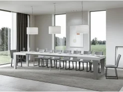 Mesa extensible blanca y patas de madera gris hormigón de 6 a 20 plazas Kristo de 180 a 440 cm-Soporte 2 pies
