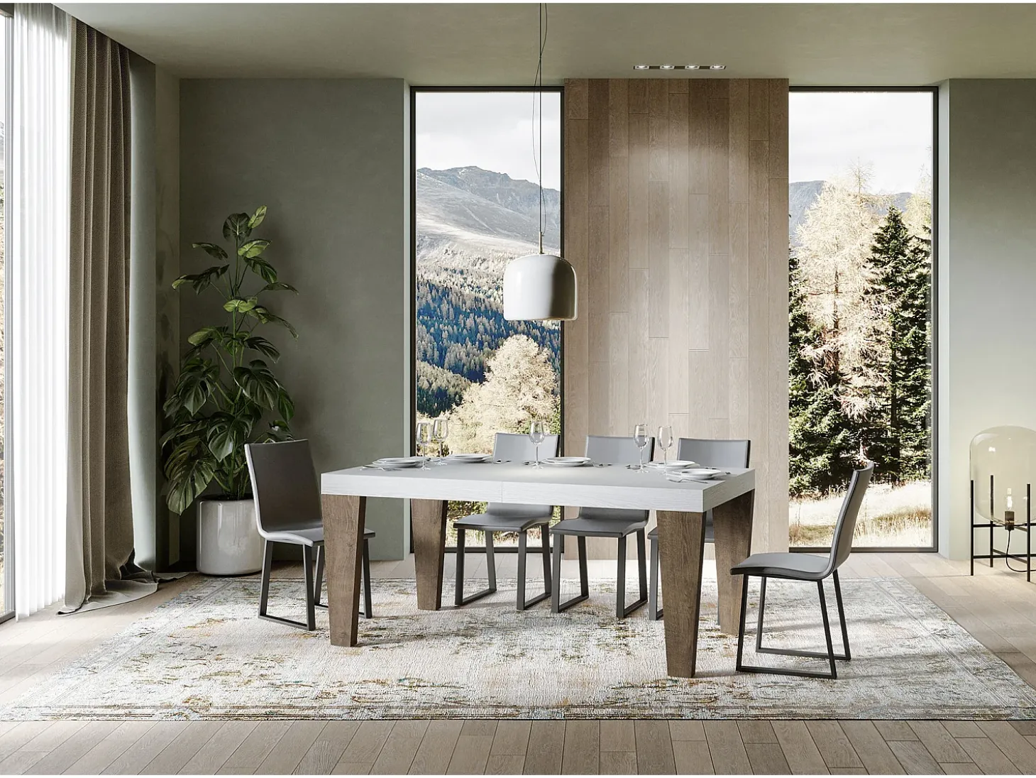 Mesa extensible blanca y patas de madera de nogal para 6 a 12 personas Kristo L 180 a 284 cm-Soporte 2 pies