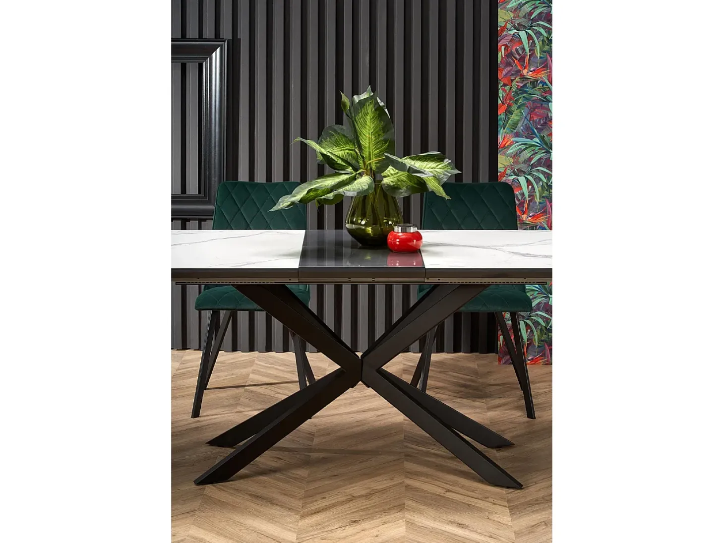 Mesa extensible cerámica mármol blanco/gris patas negras 160/200×90 cm