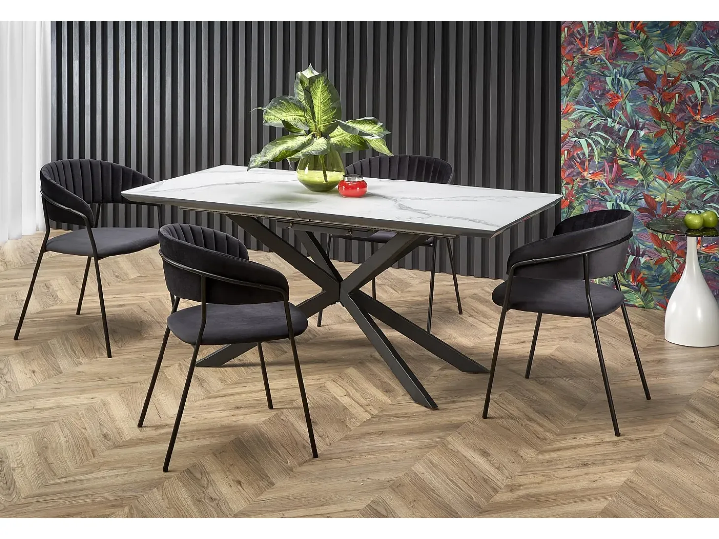 Mesa extensible cerámica mármol blanco/gris patas negras 160/200×90 cm