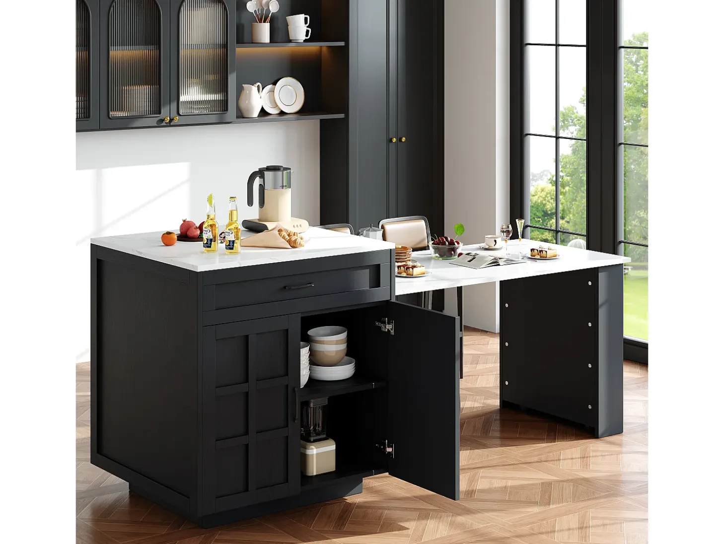 Mesa extensible con almacenaje, MDF y metal, diseño moderno, color negro (133-202x70x93,5 cm)