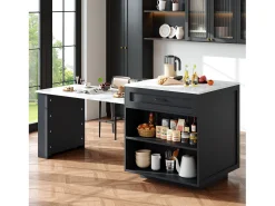 Mesa extensible con almacenaje, MDF y metal, diseño moderno, color negro (133-202x70x93,5 cm)