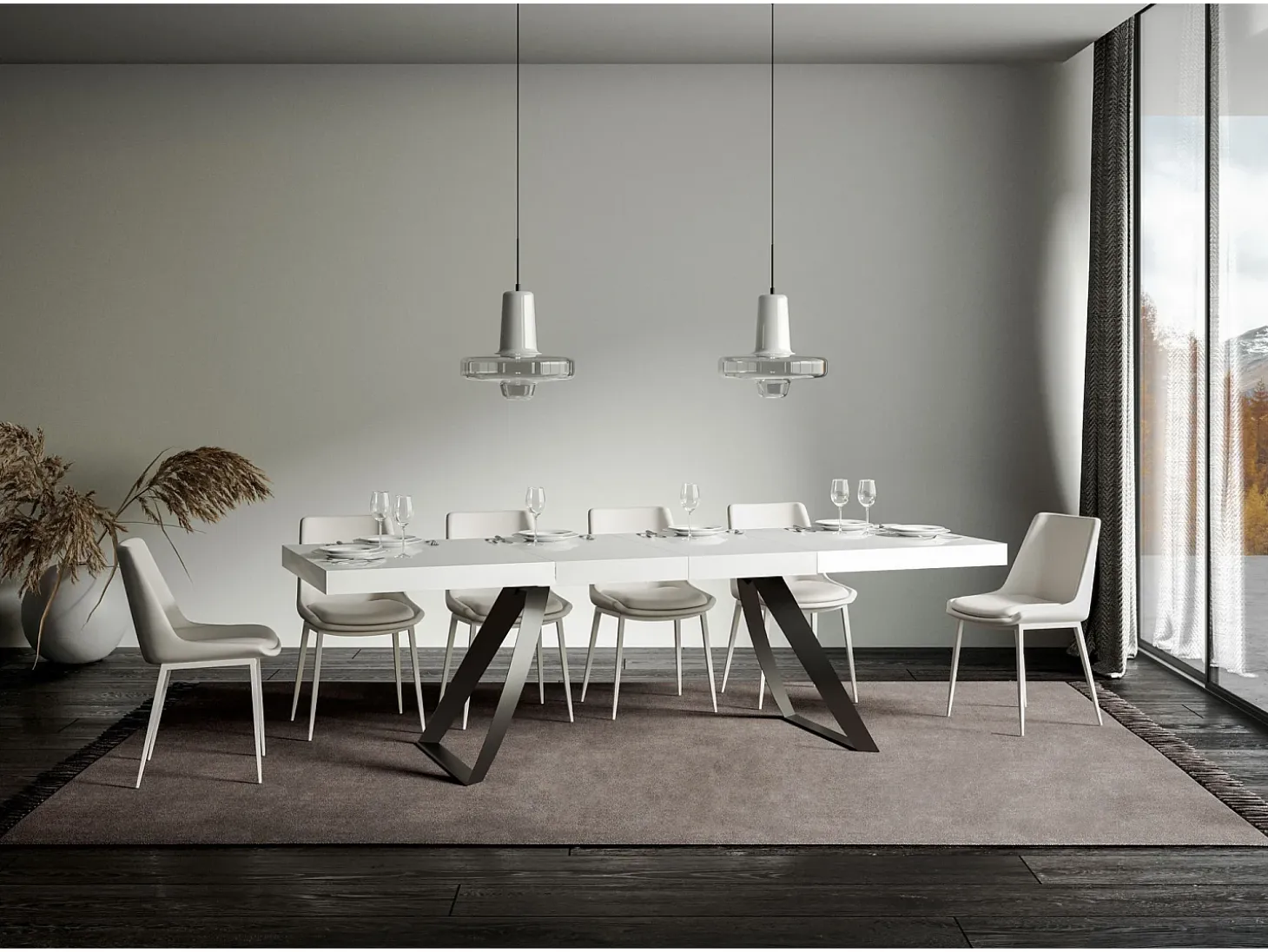 Mesa extensible con patas curvadas de acero antracita Volta-Color Blanco-Alargaderas -Ancho extensible