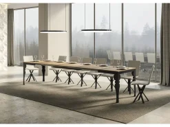 Mesa extensible con patas de acero antracita, estilo oriental Torza evolución-Color Natural-Soporte 2 pies-Ancho extensible
