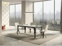 Mesa extensible con patas de acero antracita, estilo oriental Torza evolución-Color Blanco-Soporte 4 pies-Ancho extensible