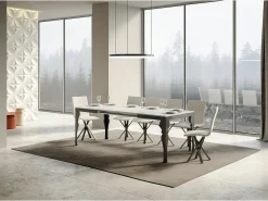 Mesa extensible con patas de acero antracita, estilo oriental Torza evolución-Color Marrón-Soporte 4 pies-Ancho extensible