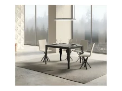 Mesa extensible con patas de acero antracita, estilo oriental Torza evolución-Color Gris cemento-Soporte 2 pies-Ancho extensible
