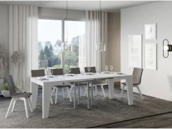 Mesa extensible cuadrada pequeña 90x90/246 cm Naxo-Color Blanco-Soporte 4 pies-3 alargaderas finas