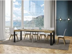 Mesa extensible cuadrada pequeña 90x90/246 cm Tiroz-Color Natural-Base y soporte con ruedas-3 alargaderas finas
