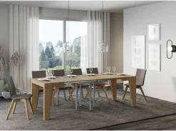 Mesa extensible cuadrada pequeña 90x90/246 cm Naxo-Color Natural-Soporte 4 pies-3 alargaderas finas