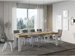 Mesa extensible cuadrada pequeña en madera blanca y roble natural de 90 a 246 cm Nako-Soporte 2 pies