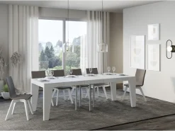 Mesa extensible cuadrada pequeña 90x90/246 cm Naxo-Color Blanco-Soporte 2 pies-3 alargaderas gruesas