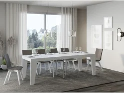 Mesa extensible cuadrada pequeña 90x90/246 cm Naxo-Color Blanco-Soporte 2 pies-3 alargaderas gruesas