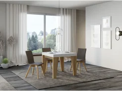 Mesa extensible cuadrada pequeña en madera blanca y roble natural de 90 a 246 cm Naxo-Soporte 4 pies