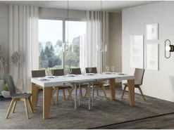 Mesa extensible cuadrada pequeña en madera blanca y roble natural de 90 a 246 cm Naxo-Soporte 4 pies