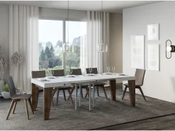 Mesa extensible cuadrada pequeña en madera blanca y nogal de 90 a 246 cm Naxo-Soporte 4 pies