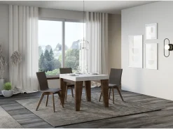 Mesa extensible cuadrada pequeña en madera blanca y nogal de 90 a 246 cm Naxo-Soporte 4 pies