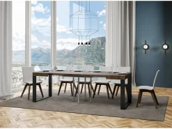 Mesa extensible cuadrada pequeña 90x90/246 cm Tiroz-Color Marrón-Base y soporte con ruedas-3 alargaderas finas