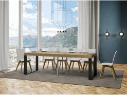 Mesa extensible cuadrada pequeña 90x90/246 cm Tiroz-Color Natural-Soporte 4 pies-3 alargaderas gruesas