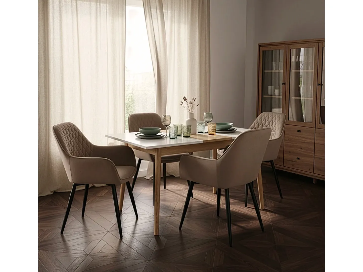 Mesa extensible de madera 115-145x80cm cocina cristal blanco negro Pixam - Blanco