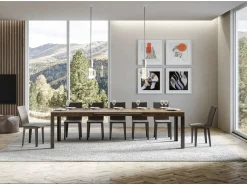 Mesa extensible de madera con 4 patas de madera y acero antracita Liva-Color Blanco-Base y soporte con ruedas-Ancho extensible