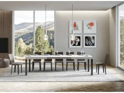Mesa extensible de madera con 4 patas de madera y acero antracita Liva-Color Blanco-Base y soporte con ruedas-Ancho extensible