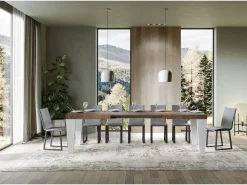 Mesa extensible de madera de nogal y patas de madera blanca de 6 a 12 personas Kristo L 180 a 284 cm-Base y soporte con ruedas