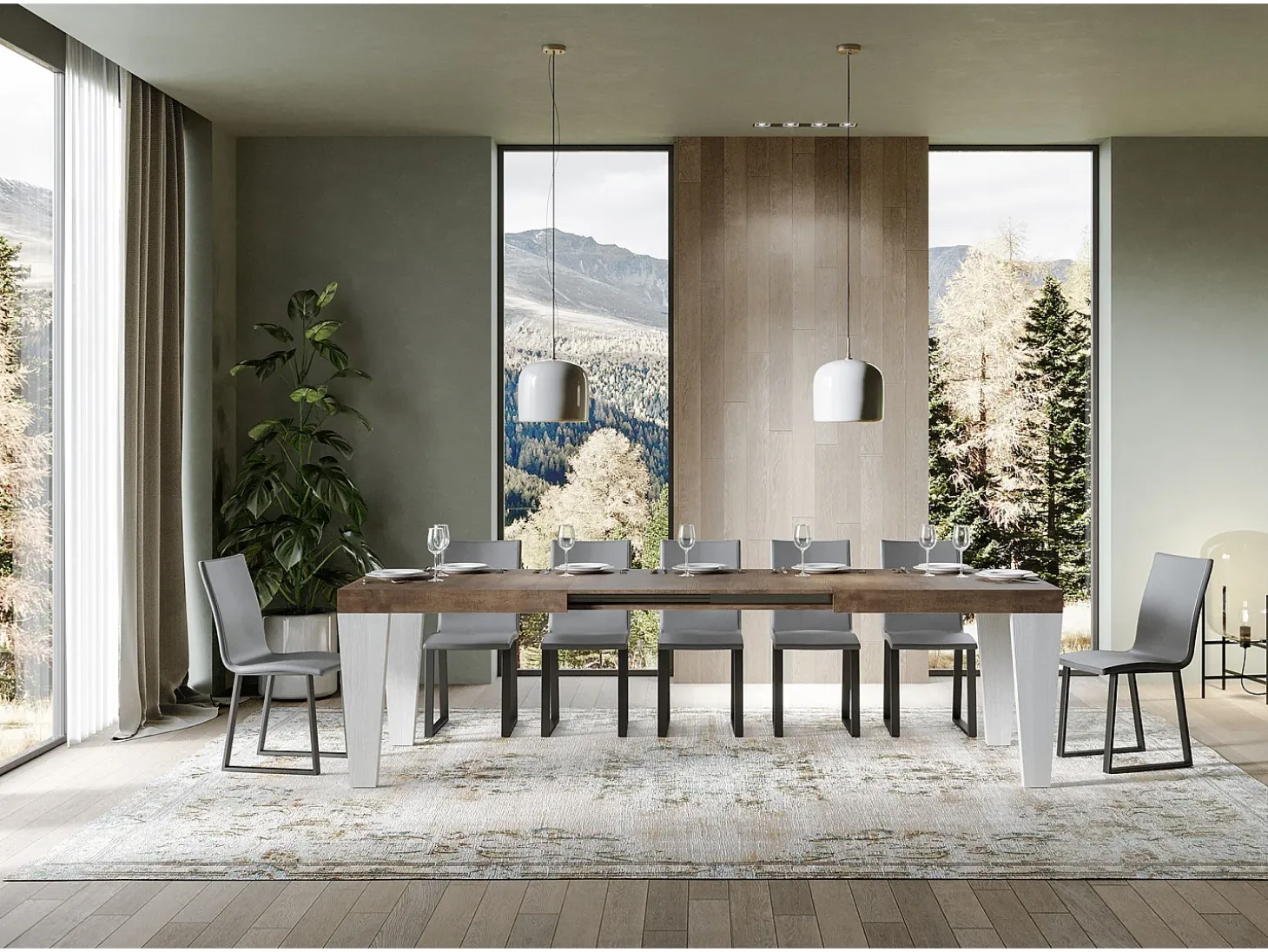 Mesa extensible de madera de nogal y patas de madera blanca de 6 a 20 plazas Kristo de 160 a 420 cm-Soporte 2 pies