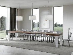 Mesa extensible de madera de nogal y patas de madera blanca de 6 a 20 plazas Kristo de 160 a 420 cm-Soporte 2 pies