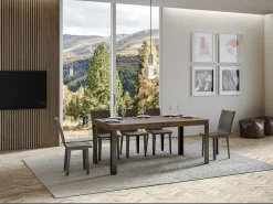 Mesa extensible de madera con 4 patas de madera y acero antracita Liva-Color Gris cemento-Soporte 4 pies-Ancho extensible