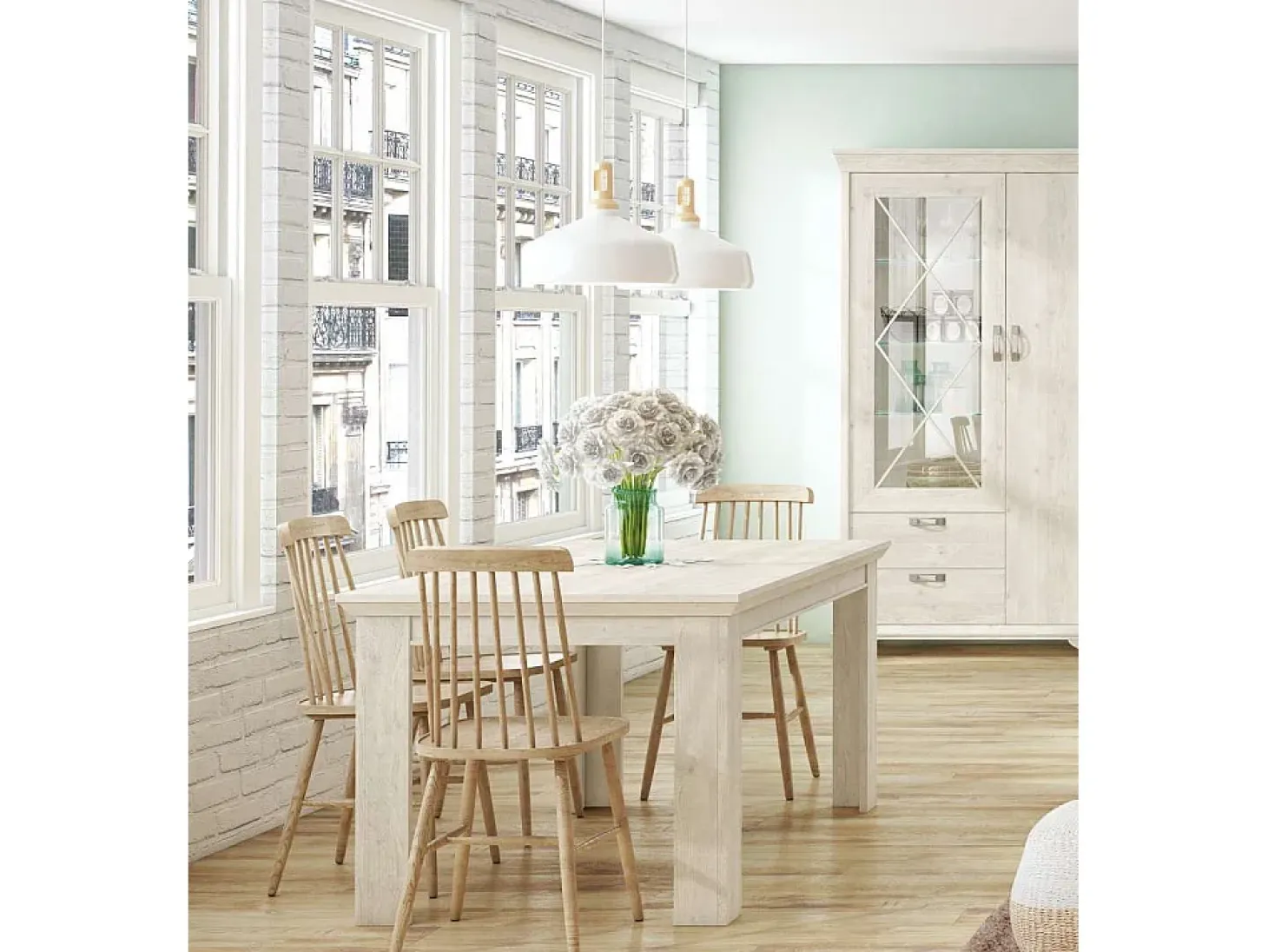 Mesa extensible de 76x160x90 cm para comedor o cocina en color blanco pino Karen