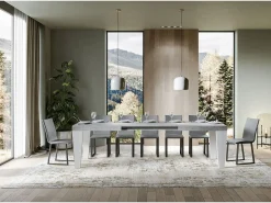 Mesa extensible gris hormigón y patas de madera blanca de 6 a 20 plazas Kristo de 180 a 440 cm-Base y soporte con ruedas
