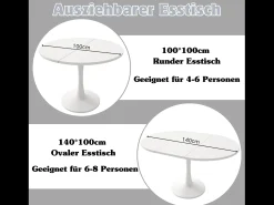 Mesa extensible, mesa ovalada, mesa de centro, MDF, blanca, (100/140 x 100 x 75 cm)