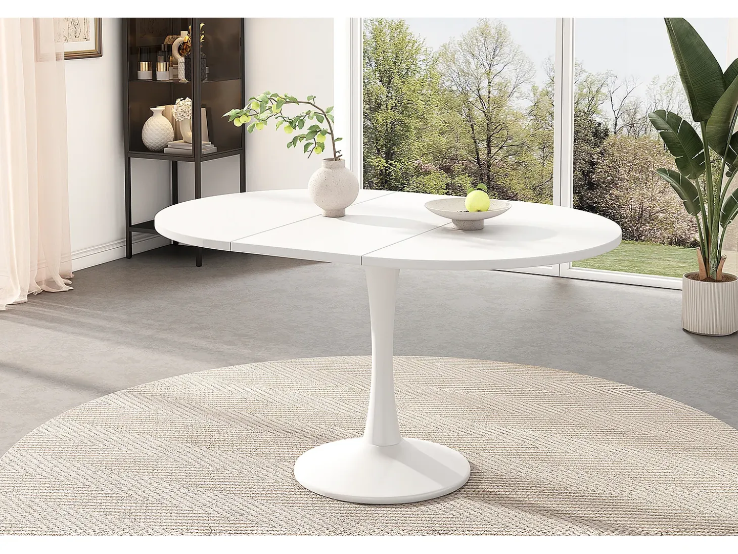 Mesa extensible, mesa ovalada, mesa de centro, MDF, blanca, (100/140 x 100 x 75 cm)