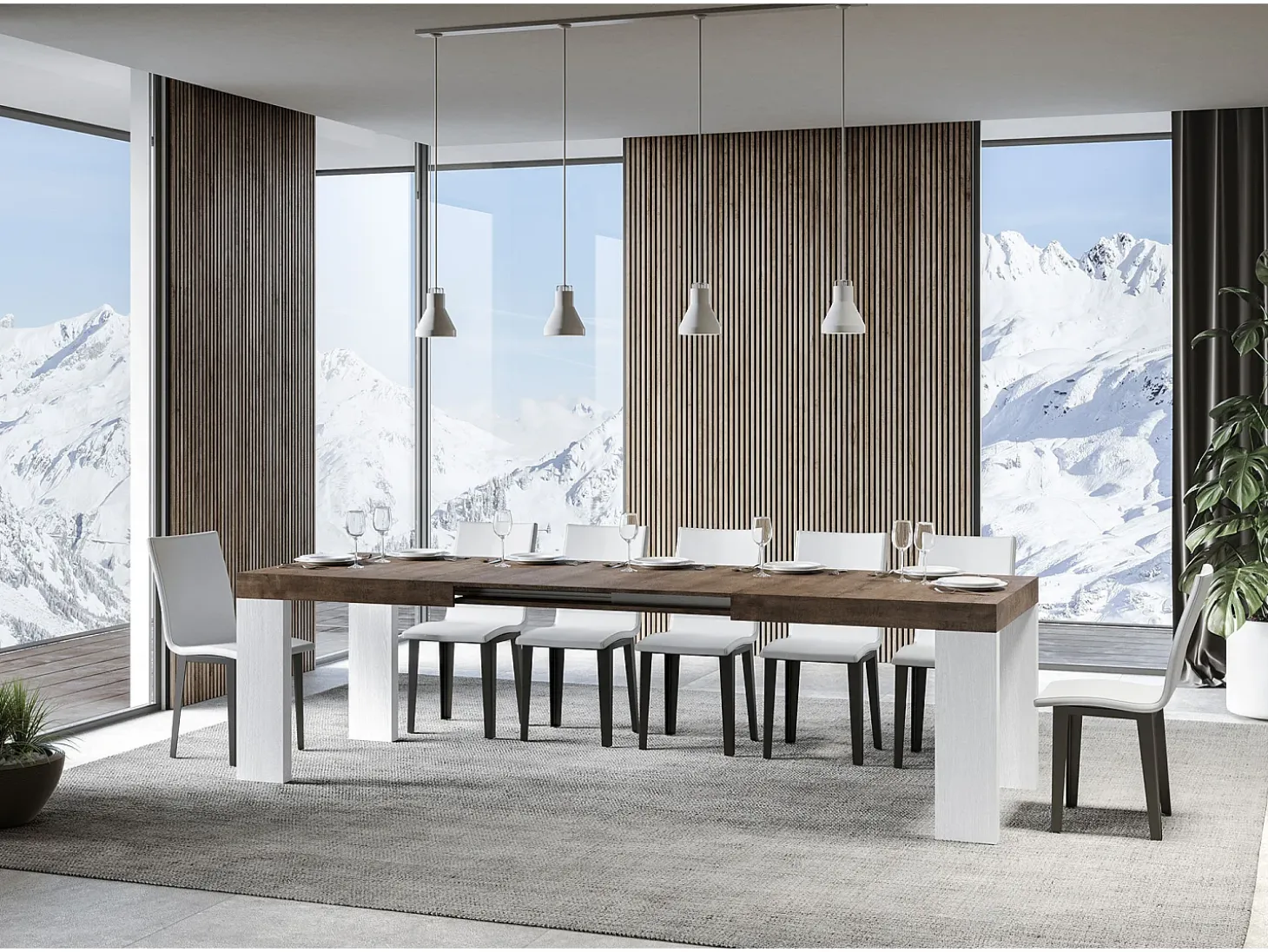 Mesa extensible rectangular en madera de nogal y blanco de 180 a 440 cm Ribo-Soporte 2 pies