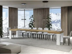 Mesa extensible rectangular en madera natural y blanca de 160 a 420 cm Ribo-Soporte 4 pies