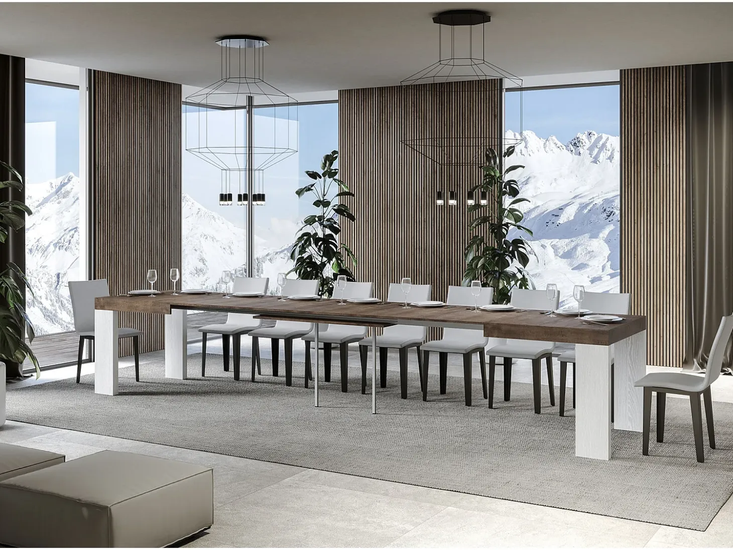 Mesa extensible rectangular en madera de nogal y blanco de 160 a 420 cm Ribo-Soporte 2 pies