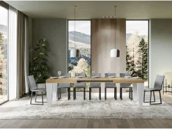 Mesa extensible roble natural y patas madera blanca 6 a 20 plazas Kristo 180 a 440 cm-Soporte 4 pies