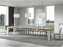 Mesa extensible roble natural y patas madera blanca 6 a 20 plazas Kristo 160 a 420 cm-Soporte 4 pies