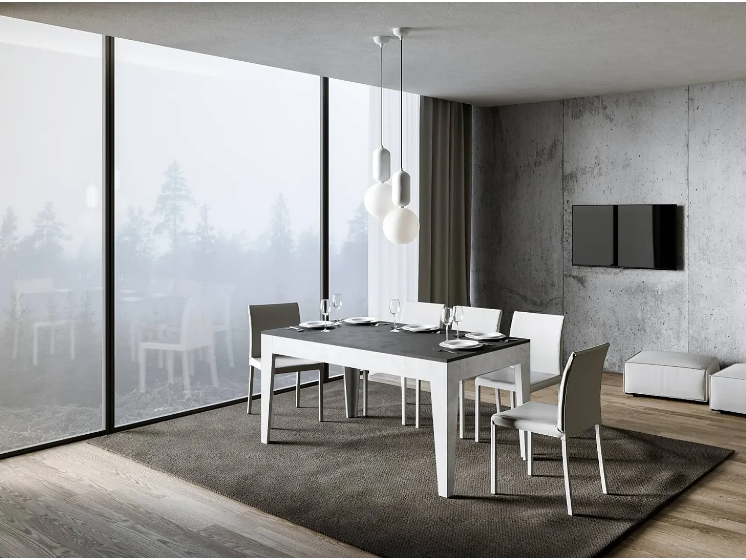 Mesa extensible 90x160/220 cm Cico Mix tapa Antracita Espatulado patas Blanco Espatulado