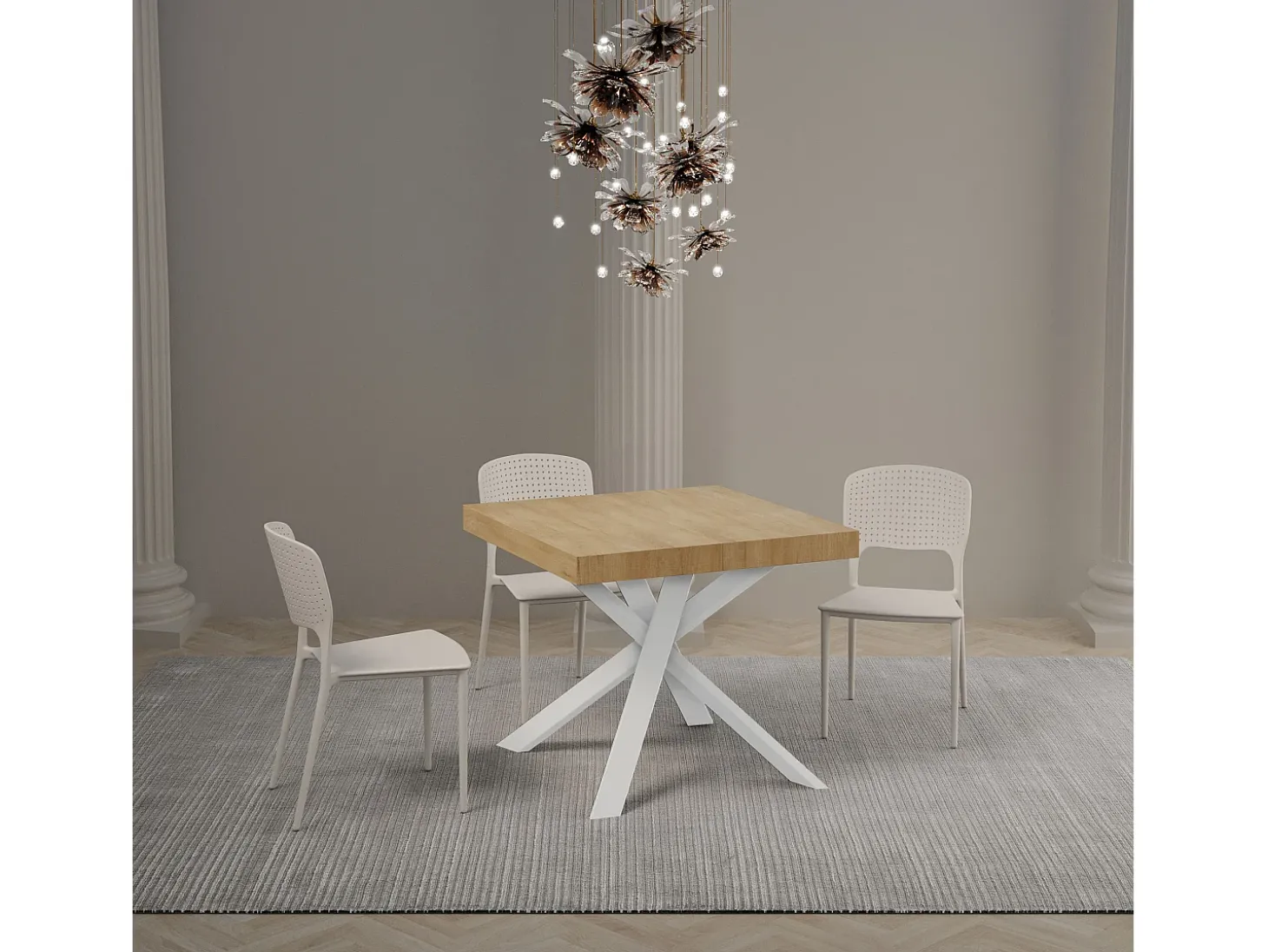 Mesa extensible 90/194x90 cm Clerk roble natural patas blancas