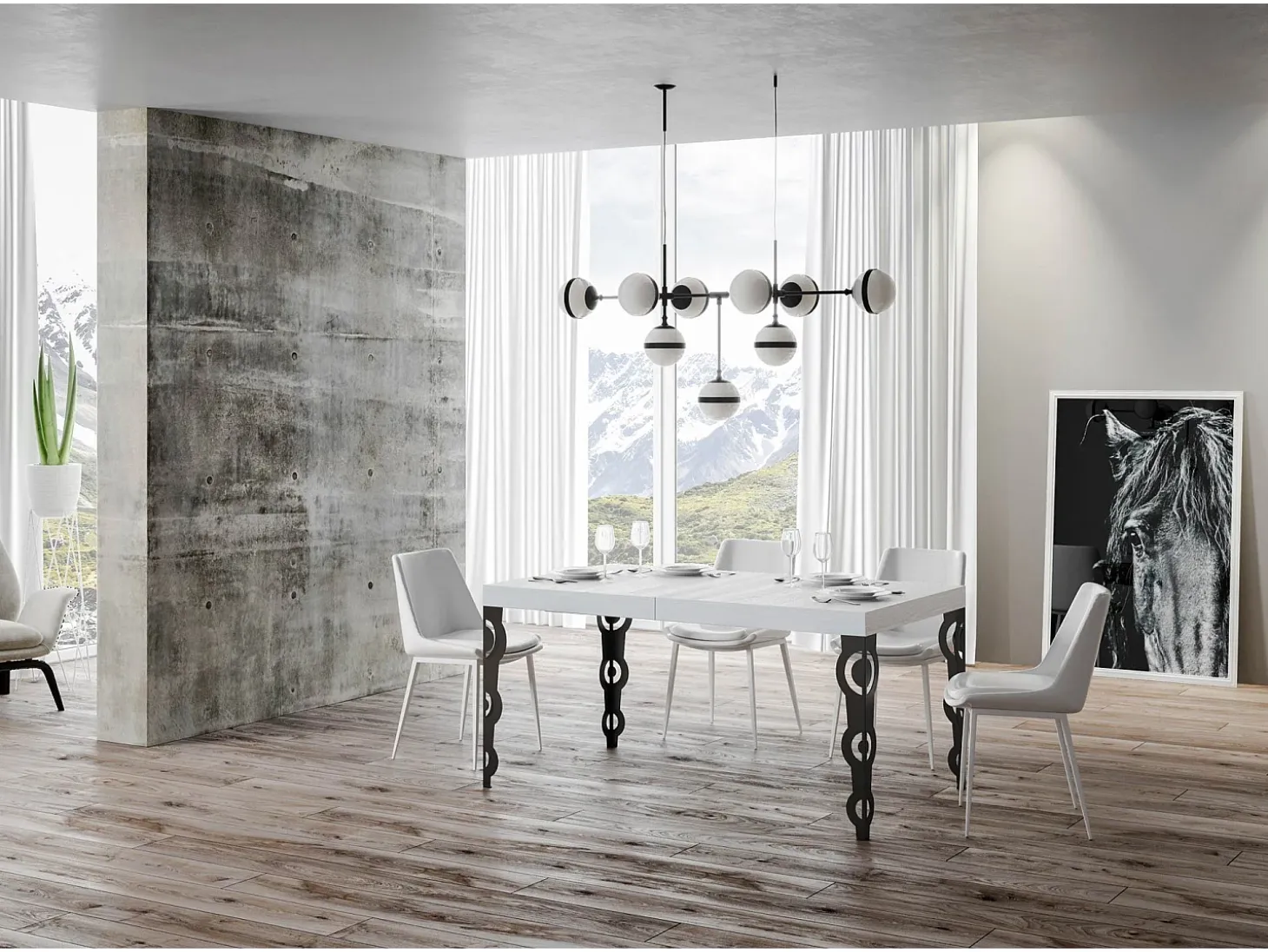 Mesa extensible 200/304x90 cm Karamay fresno blanco patas antracita