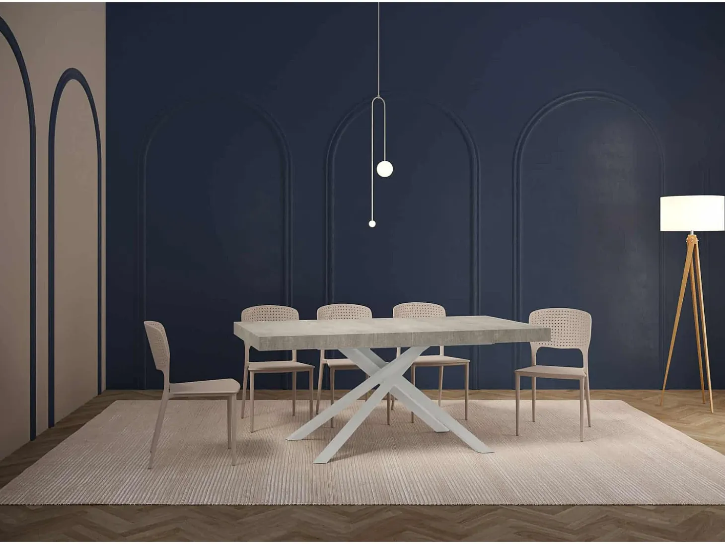 Mesa extensible 200/304x90 cm Karida efecto cemento patas blancas