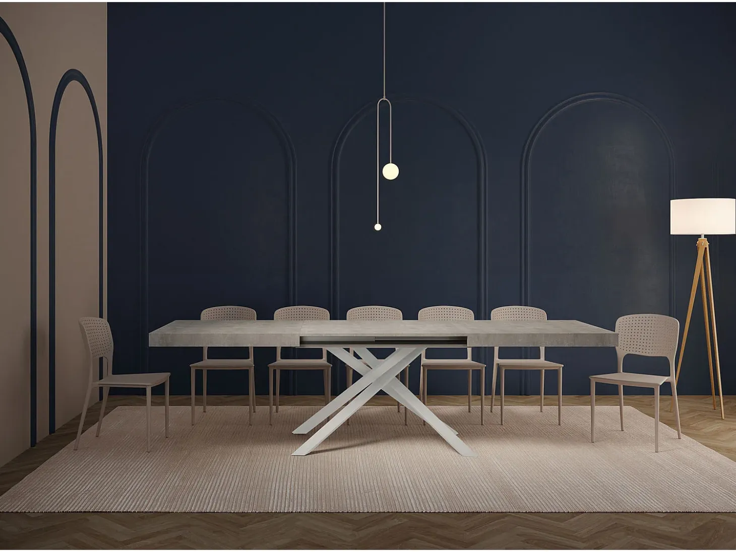 Mesa extensible 200/304x90 cm Karida efecto cemento patas blancas