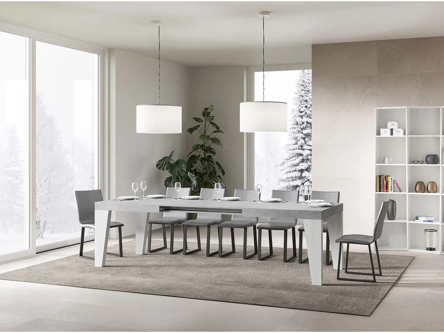 Mesa extensible 90x160/420 cm Naxy Mix Tapa Cemento - Patas Fresno Blanco