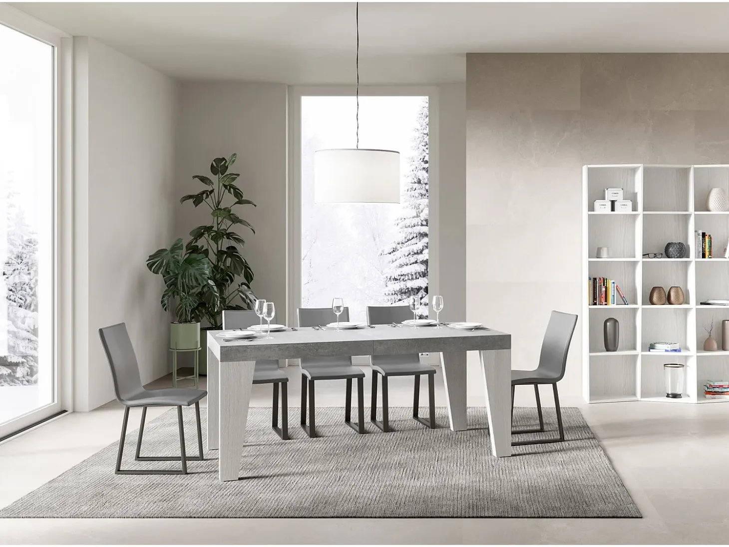 Mesa extensible 90x160/420 cm Naxy Mix Tapa Cemento - Patas Fresno Blanco